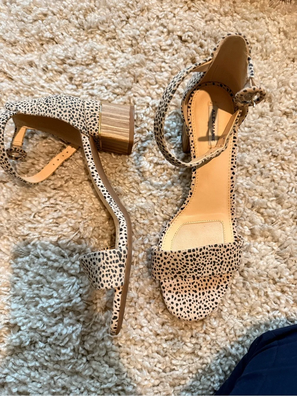 Alex Marie Beige and Black Cheetah Print Block Heel Sandals